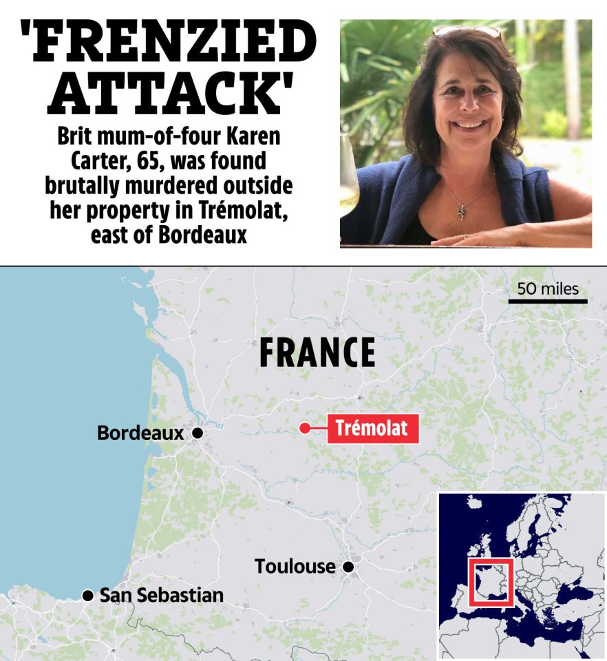 Map showing the location of Trémolat, France, where Karen Carter was murdered, and a photo of Carter.