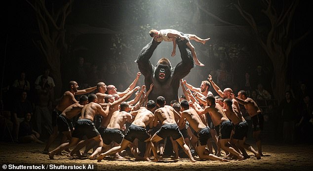 AI image generated by Shutterstock a gorilla is swarmed by 100 men in a fighting arena. The men are trying to pull the gorilla to the ground. The gorilla lifts one man up, a beam of light shining down on them both