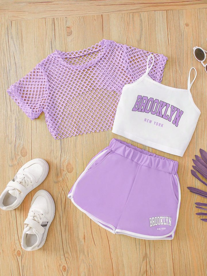 Three-piece girls' outfit: lavender mesh top, white tank top with "Brooklyn, New York" graphic, and lavender shorts with "Brooklyn, New York" graphic.