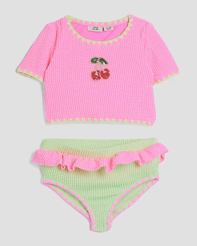 Pink and light green girls' cherry bikini set.