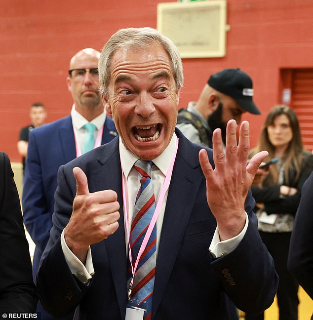 Mr Farage raised his hands as the incredibly tight result was read out in the Cheshire seat this morning, where Reform took Runcorn and Helsby by just six votes