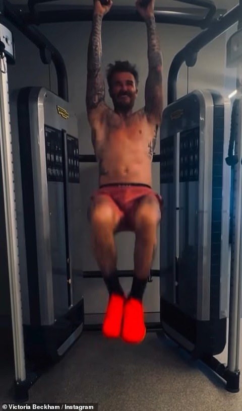 Victoria was clearly swooning over her shirtless husband with various moments of him working out