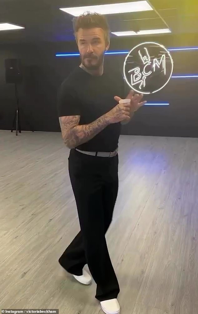 One part of the clip showed David in black trousers and white shoes as he took a dance lesson