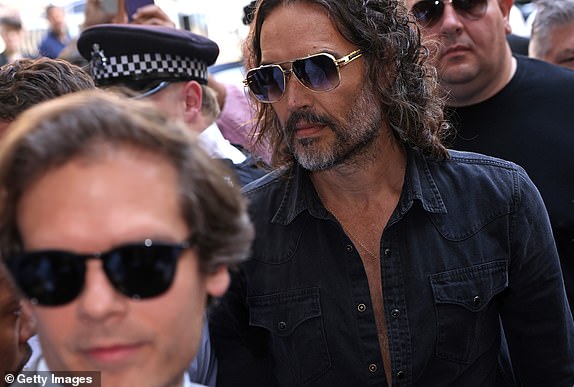 LONDON, ENGLAND - MAY 02: Russell Brand arrives at Westminster Magistrates' Court on May 02, 2025 in London, England. The charges relate to accusations of rape, indecent assault and sexual assault between 1999 and 2005. (Photo by Neil Mockford/Getty Images)