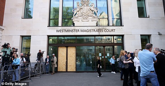 LONDON, ENGLAND - MAY 02: A general view of gathered press outside Westminster Magistrates' Court ahead of Russell Brand's arrival on May 02, 2025 in London, England. The charges relate to accusations of rape, indecent assault and sexual assault between 1999 and 2005. (Photo by Neil Mockford/Getty Images)