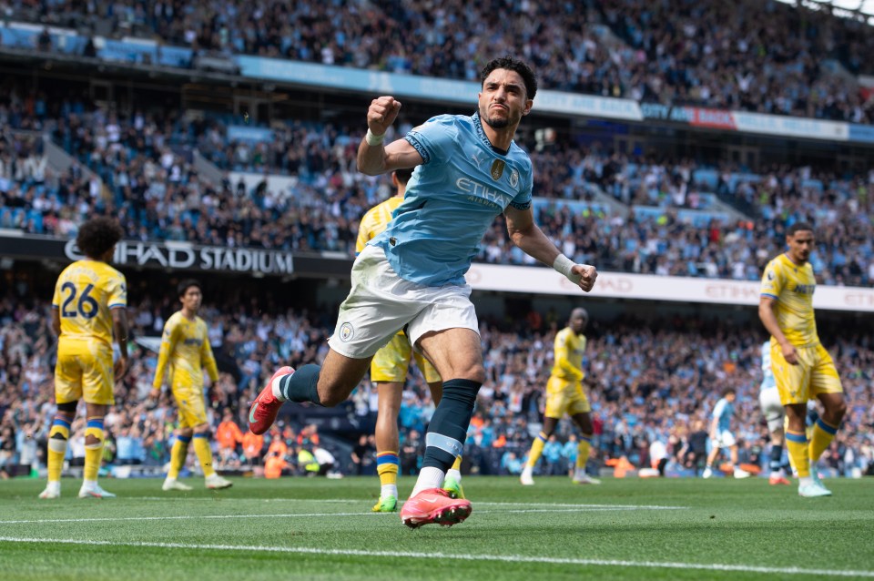 Omar Marmoush of Manchester City celebrating a goal.