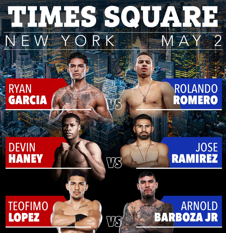 Boxing match card: Garcia vs Romero, Haney vs Ramirez, Lopez vs Barboza Jr. in Times Square, New York.