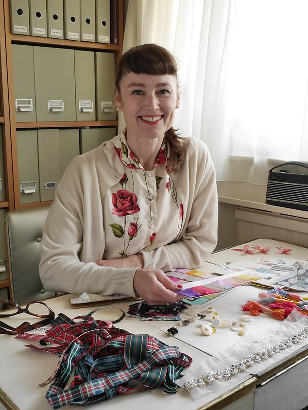 Designer Rachel Riley in her studio. The signature button-front dress worn by Charlotte was one of Rachel's earliest designs, originally created for her own daughter, Rose, more than 30 years ago