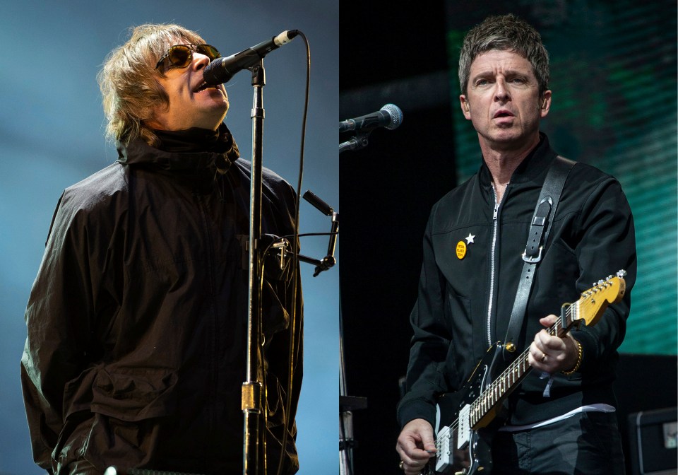 Liam Gallagher and Noel Gallagher performing at music festivals.