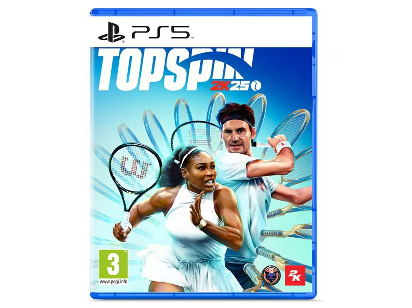 Top Spin 2K25 PlayStation 5 game cover featuring Serena Williams and Roger Federer.