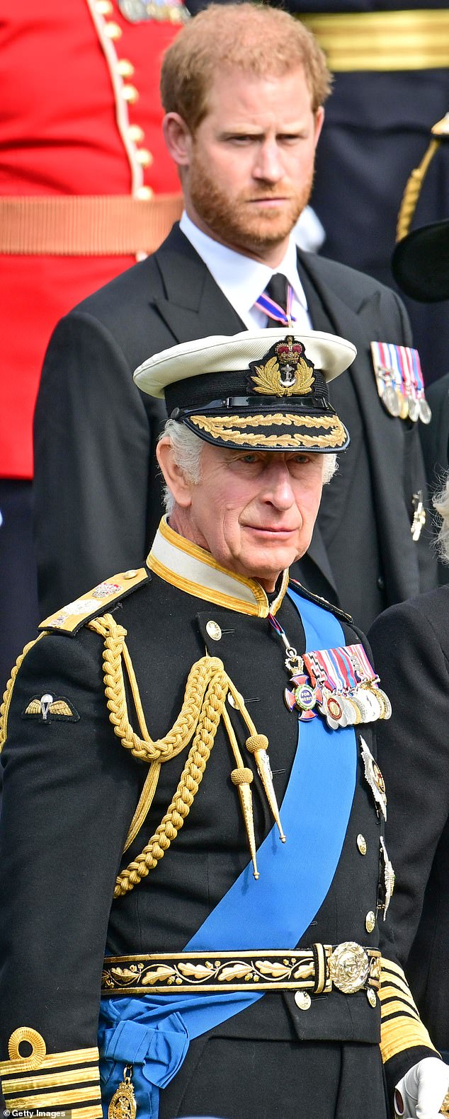 In an emotional interview with the BBC , Harry said he was 'devastated' after sensationally losing his court fight - putting him on the hook for £1.5million in legal costs. Pictured: King Charles and Prince Harry observe the coffin of Queen Elizabeth II as it is transferred from the gun carriage to the hearse at Wellington Arch following her State Funeral