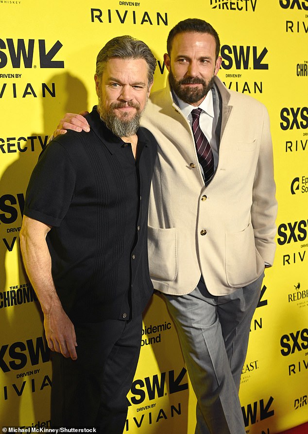 Earlier this week, Affleck made an appearance on Wednesday's episode of Travis Kelce and Jason Kelce's podcast New Heights and joked about how he is frequently asked about his best friend's abs, even at his own movie premiere; pictured in March