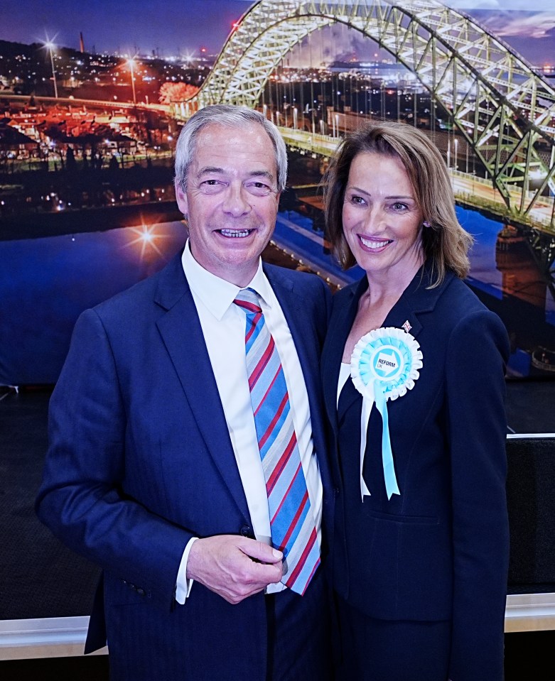 Nigel Farage and Sarah Pochin of Reform UK after a by-election win.