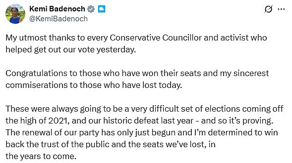 Kemi Badenoch said it was 'always doing to be a very difficult set of elections'