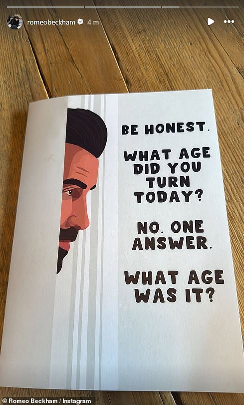 David's son gave him a hilarious card for his landmark birthday, showing his father peering round a door and reading: 'Be honest. What age did you turn today? No. One answer. What age is it?'