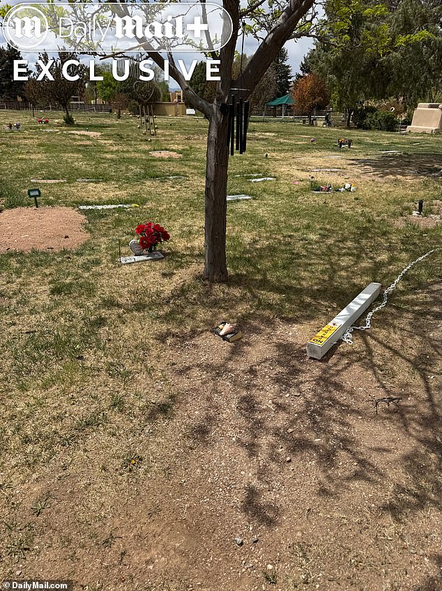 The only thing that marked the grave was a black softcover book weighed down by two conch shells. There were no flowers or notes left and a 'No Parking' post, meant to hold up a chain-link fence, had toppled over on to the plot