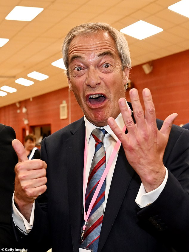 Pictured: Farage celebrating as Reform Party candidate Sarah Pochin is declared the winner of the Runcorn and Helsby by-election Runcorn