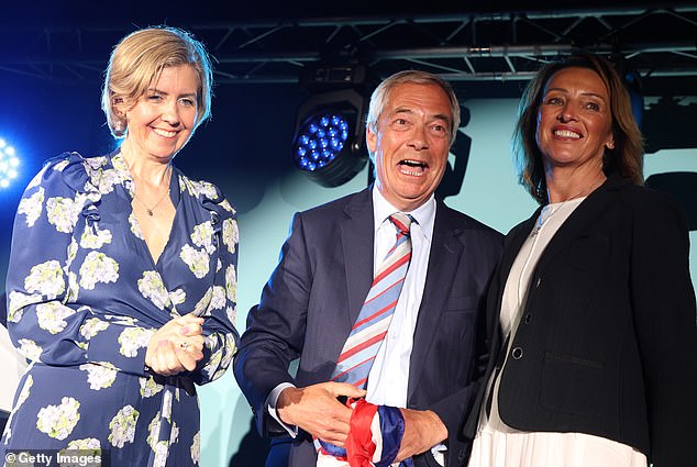 The aftershocks of this quake would continue to reverberate across the country into yesterday evening as Nigel Farage marshalled his Reform battalions in his native Kent for a victory rally. Pictured: Farage with Dame Andrea Jenkyns (L), and Sarah Pochin (R) as Reform UK celebrate local election victories in Paddock Wood