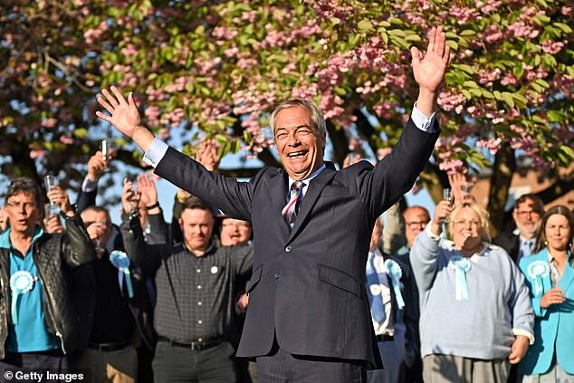 Nigel Farage cheers while addressing supporters and the media at Staffordshire County Showground after Reform won control of Staffordshire County Council winning 49 out of 62 seats available