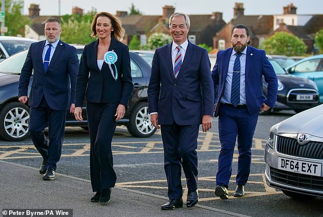 Reform UK candidate Sarah Pochin and party leader Nigel Farage (second right) arrive at the DCBL Halton Stadium ahead of the result of the Runcorn and Helsby by-election