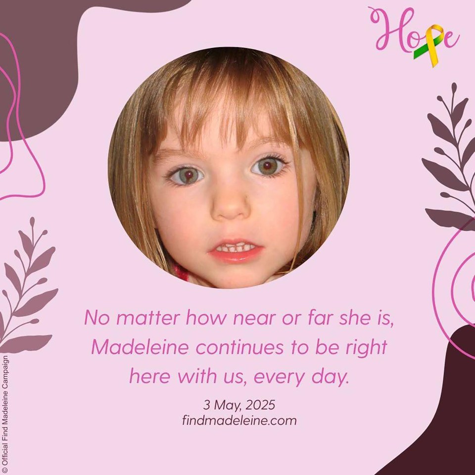 Image of Madeleine McCann with the text "No matter how near or far she is, Madeleine continues to be right here with us, every day."