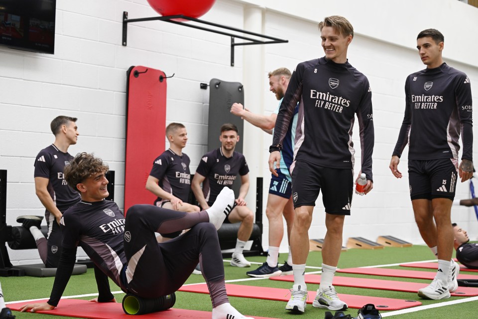 Arsenal players Max Dowman and Martin Odegaard at a training session.