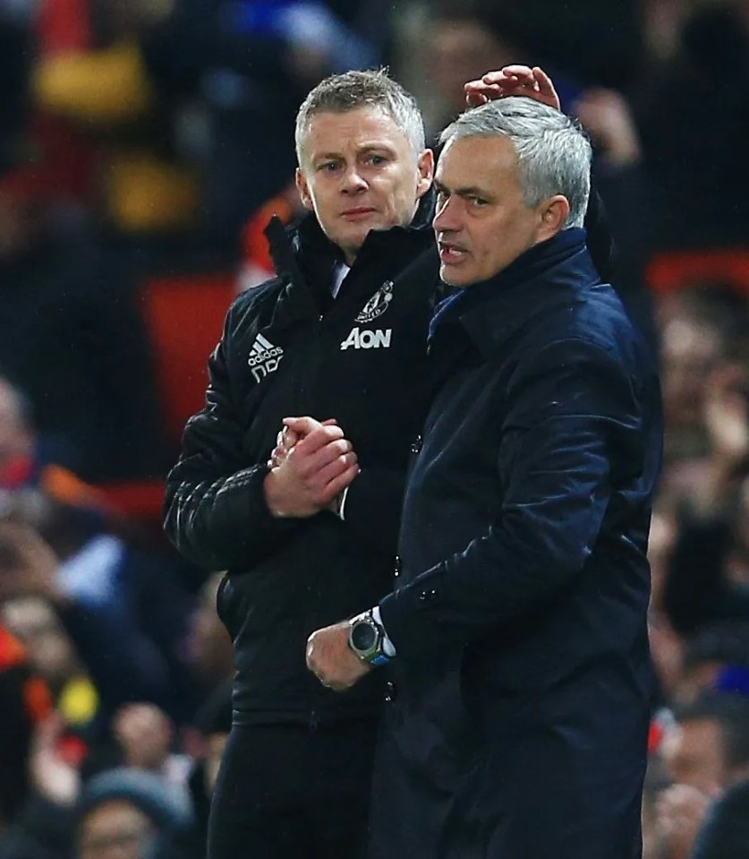 Ole Gunnar Solskjaer and Jose Mourinho shaking hands after a soccer game.