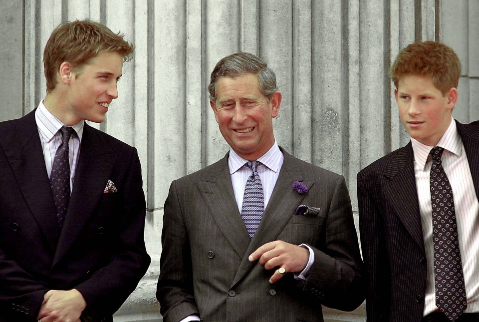 Prince Charles with Princes William and Harry at the Queen Mother's 100th birthday celebrations.