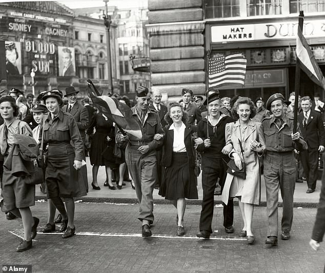 Celebrating the end of the war in Europe, Piccadilly Circus, London, 8 May 1945
