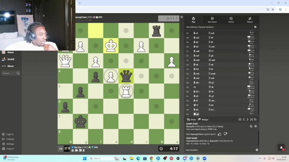 Screenshot of a chess game between SapnapChess and Beezy10, showing a draw.
