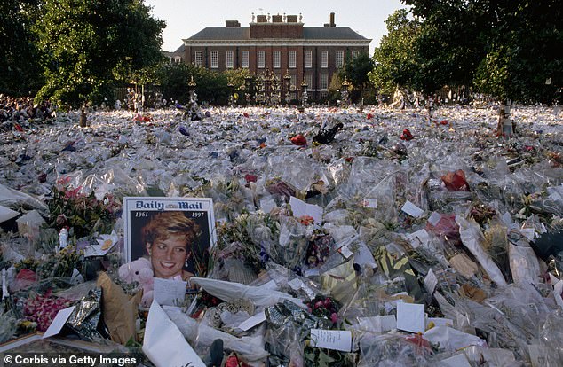 A later inquest in 2008 concluded that Diana, 36, had been unlawfully killed by the 'grossly negligent driving' of Paul, who was being chased by paparazzi at the point of the crash. Pictured: A sea of floral tributes were laid outside the gates of Kensington Palace
