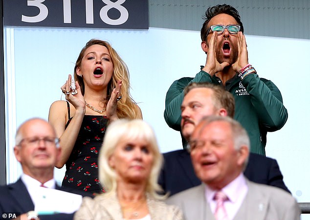 Pictured: Ryan Reynolds and his wife Blake Lively cheers on Wrexham at Wembley in 2022