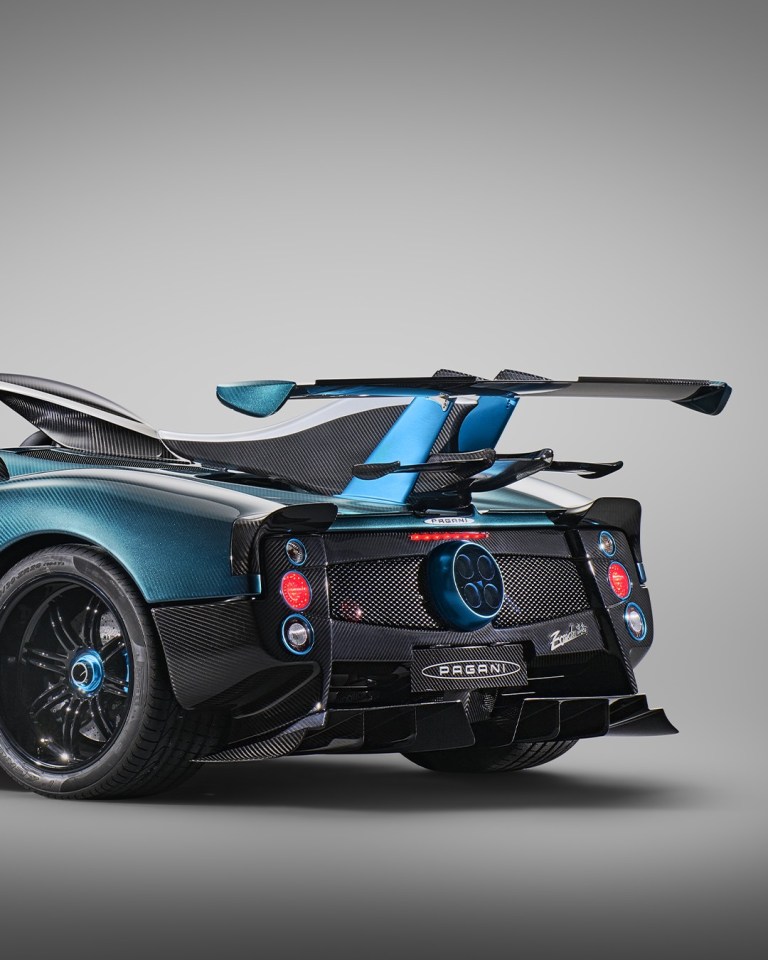 Rear view of a blue Pagani Zonda.