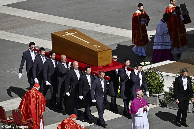 Pallbearers carry the coffin during the funeral of Pope Francis in St. Peter's Square