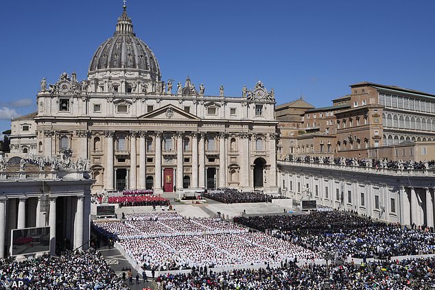A view of the funeral of Pope Francis in St. Peter's Square at the Vatican, Saturday, April 26