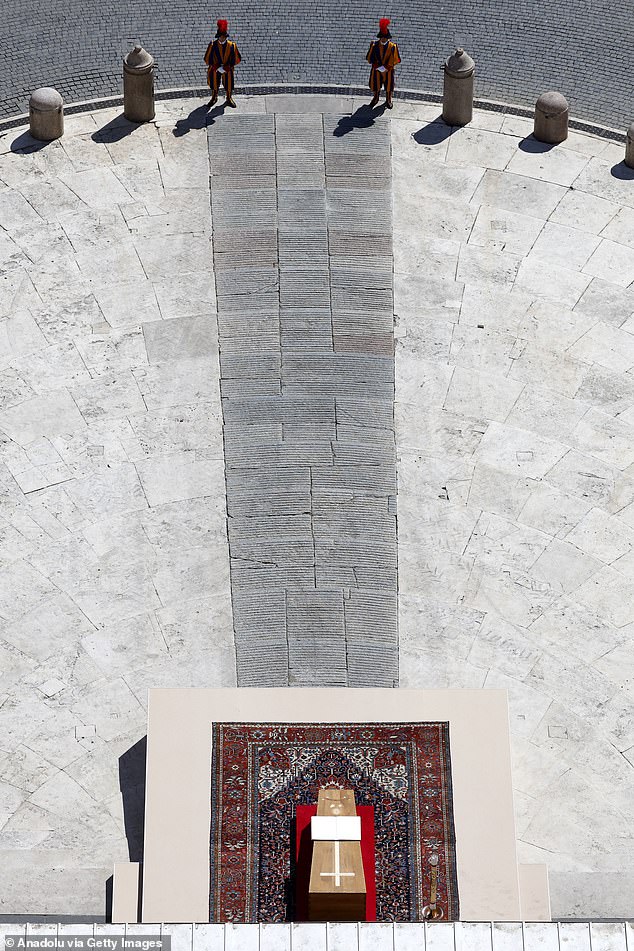 The coffin bearing the body of Pope Francis is seen on the parvis of St. Peter's Basilica during his funeral service in St. Peter's Square at the Vatican on April 26
