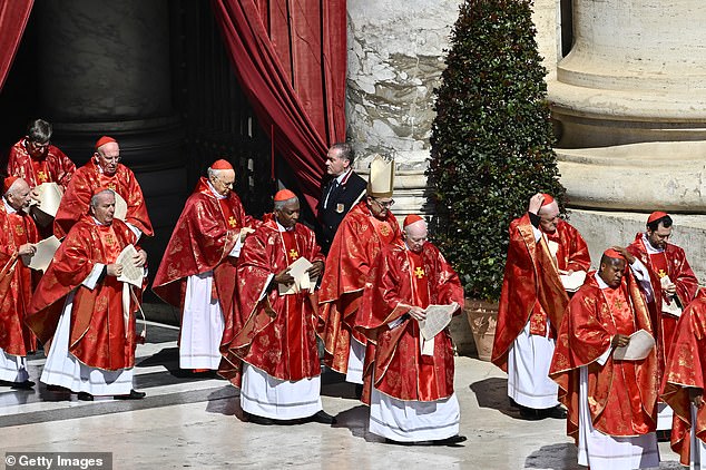 Cardinals arrive at the funeral of Pope Francis in St. Peter's Square on April 26
