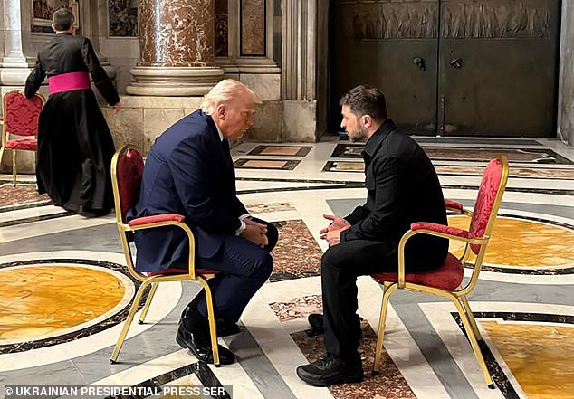 Ukraine's President Volodymyr Zelensky (R) meets with US President Donald Trump (L) at St Peter's Basilica on Saturday