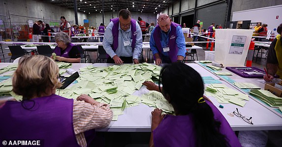 Australian Electoral Commission staff count votes during the 2025 federal election at OPC in Brisbane, Queensland, Saturday, May 3, 2025. (AAP Image/Jason O'Brien) NO ARCHIVING