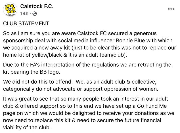 Calstock announced that Bonnie Blue will no longer sponsor their kit due to the 'FA's interpretation of the regulations'