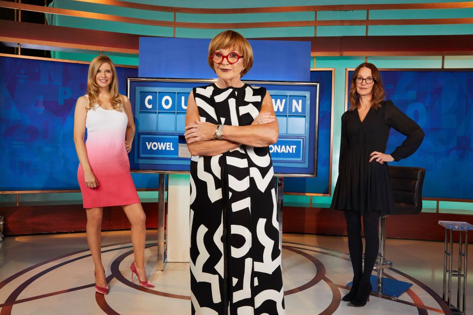 Photo of the new all-female Countdown lineup: Rachel Riley, Anne Robinson, and Susie Dent.