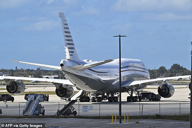 Pictured: The used Qatari-plane sits on the tarmac at Palm Beach International Airport on February 15, 2025. Trump toured the plane that day