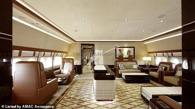 The interior of the plane is filled with plush carpeting and leather couches