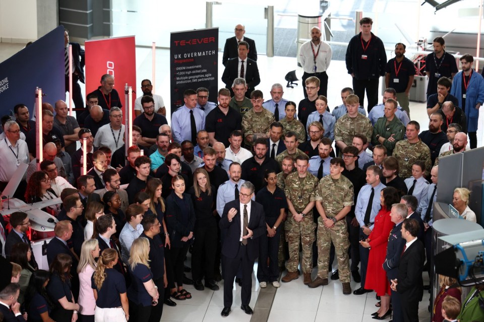 Prime Minister Keir Starmer addressing a group of defense contractors.