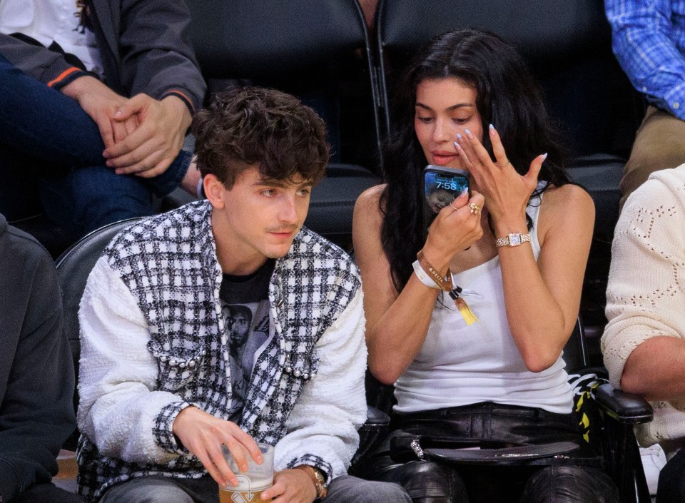 Timothee Chalamet and Kylie Jenner at an NBA playoff game.