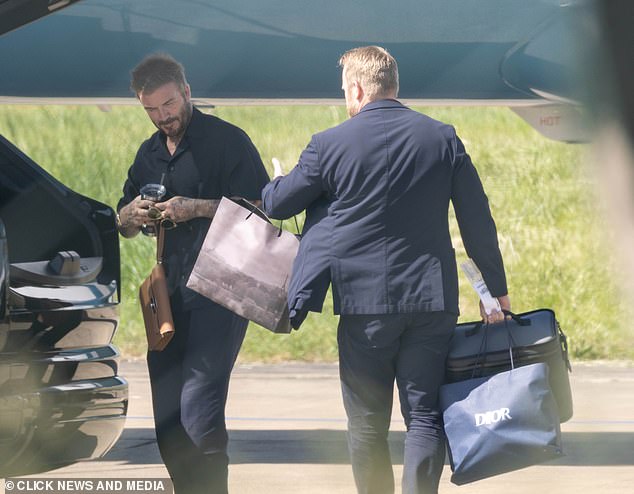 The flying fashionistas were also joined by staff and seen hauling off bags packed with Dior suits, designer gear, and enough premium whisky and rum to stock a Chelsea cocktail bar