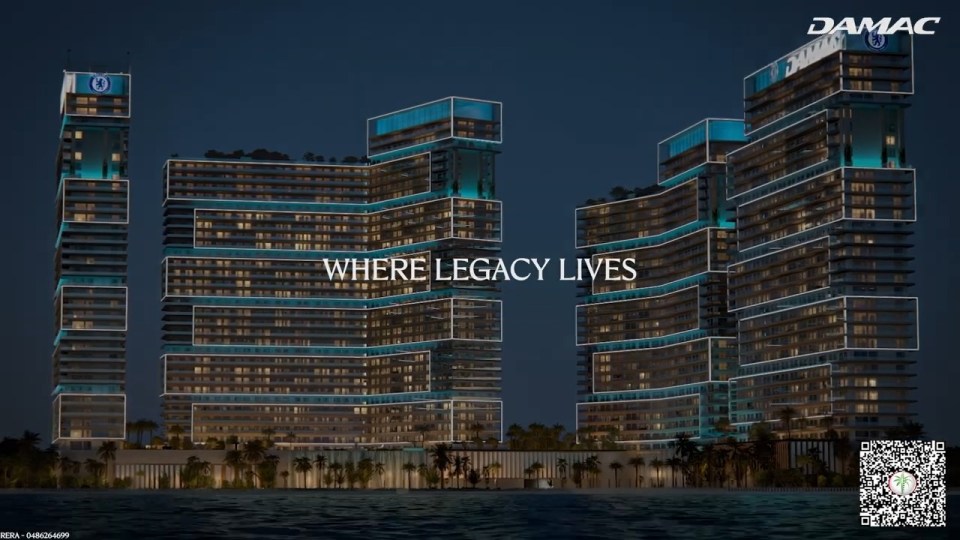 Illustration of luxury beachfront apartments in Dubai, featuring a rooftop football pitch.