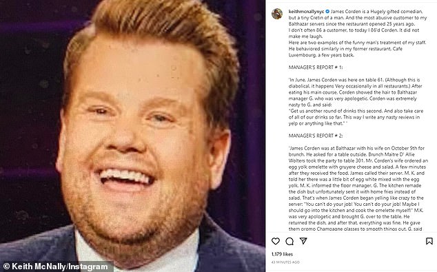 In 2022 the Balthazar owner made headlines when he took to Instagram to ban Corden from his Balthazar brasserie, describing the Gavin & Stacey star as a 'hugely gifted comedian but a tiny cretin of a man' for being rude to his waiting staff