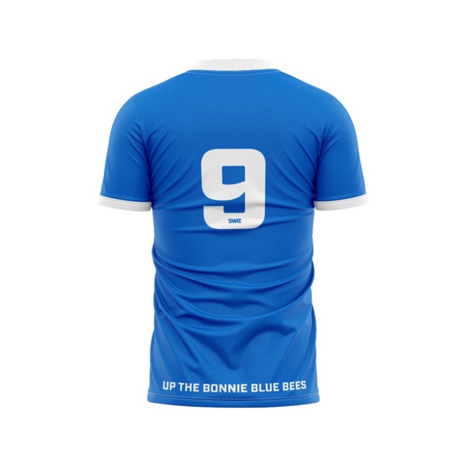 Back view of a blue Calstock FC soccer jersey with the number 9.