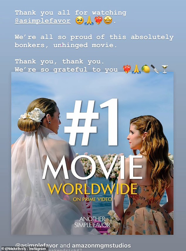 Another Simple Favor debuted on Thursday and was the global number one for Amazon Prime, according to the streamer and Lively thanks viewers with this Instagram Story post
